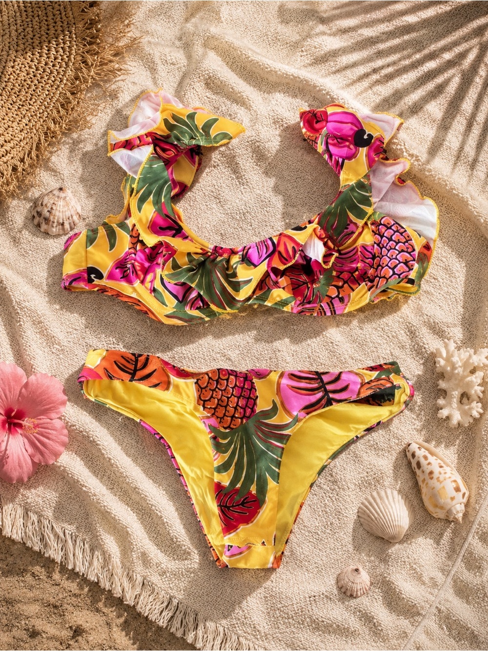 FARM Rio Yellow Pink Tropical Pineapple Ruffled Bikini